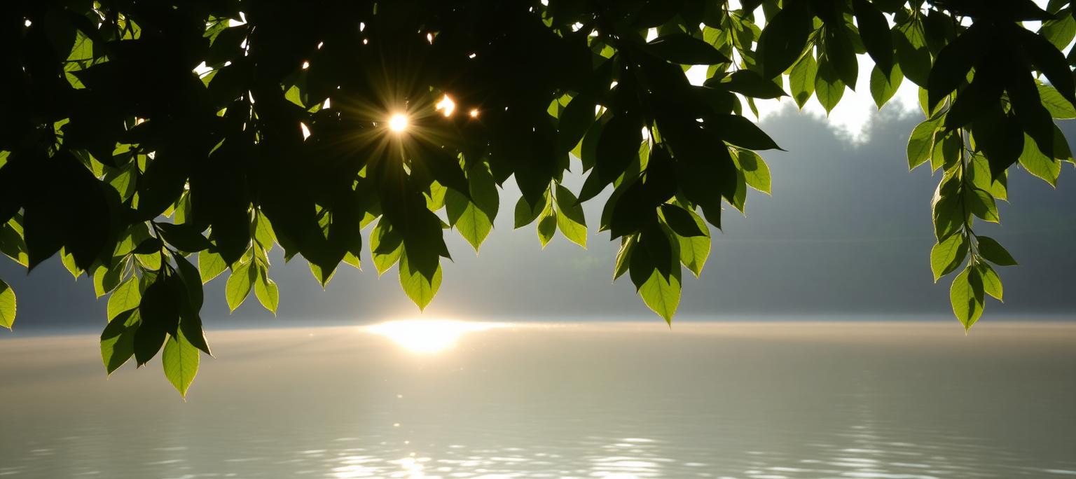 Sonnenlicht durch grüne Blätter über einem ruhigen See – kurze Trauersprüche voller Hoffnung