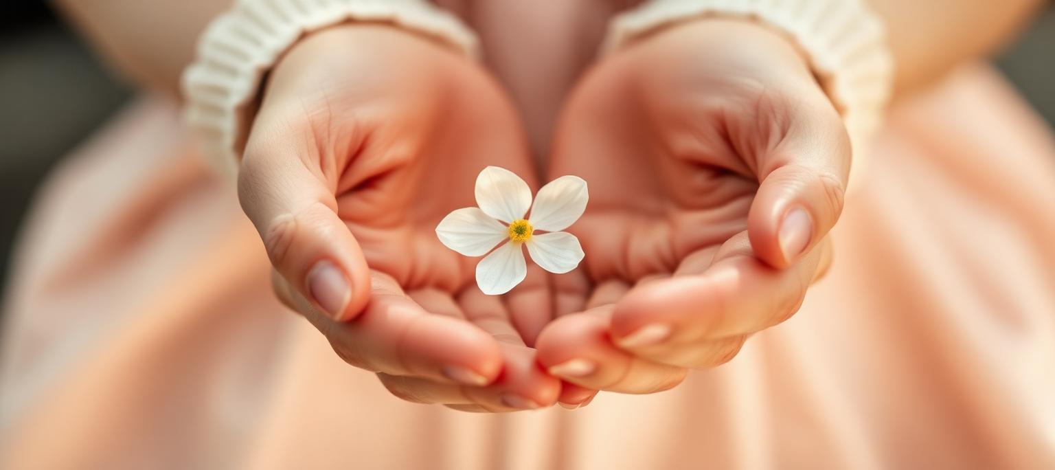 Hände halten behutsam eine kleine weisse Blume – Trauersprüche, die Trost spenden
